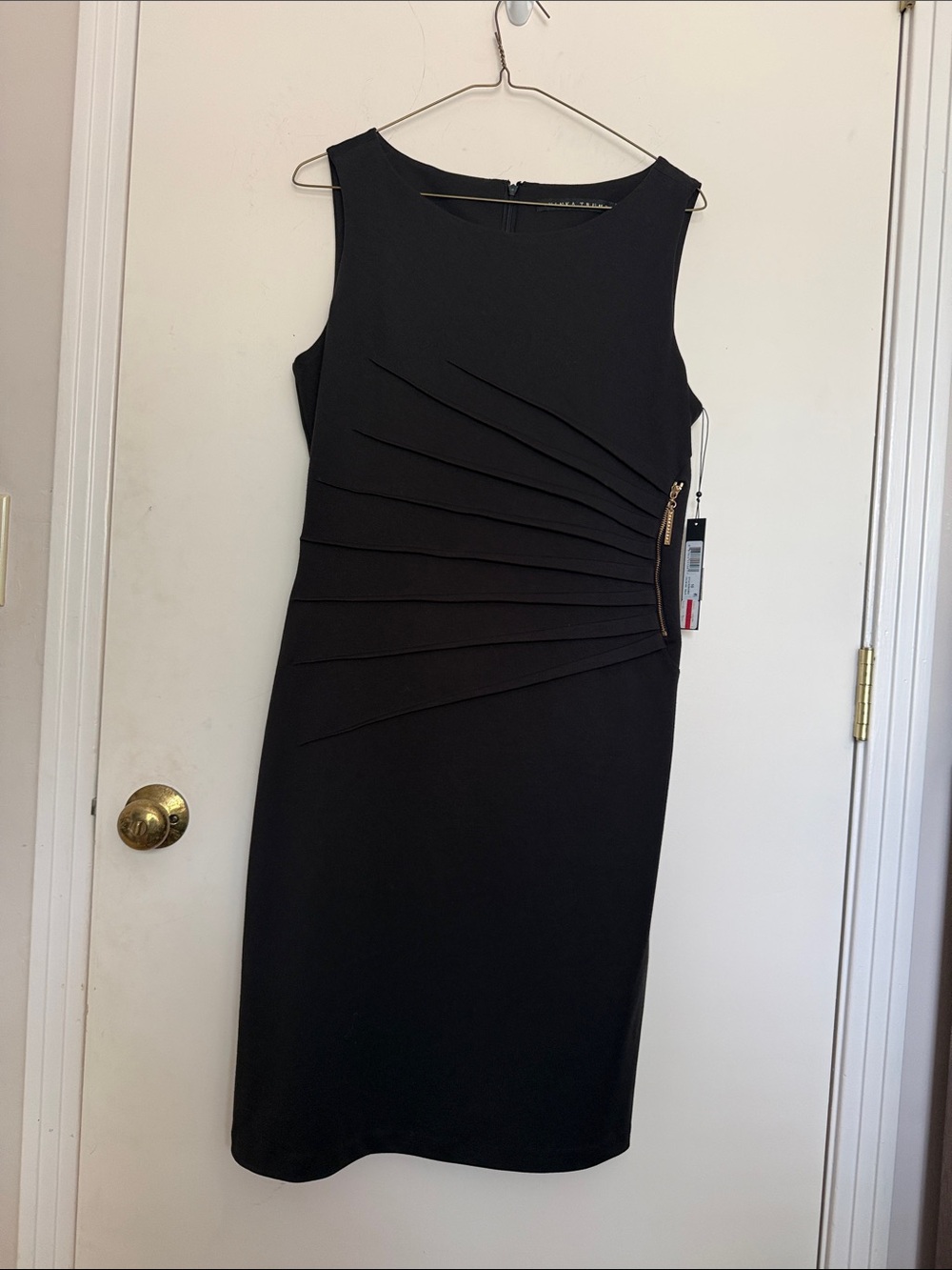 Ivanka Trump Black Sleeveless Sheath Dress with Asymmetric Pleat Detail